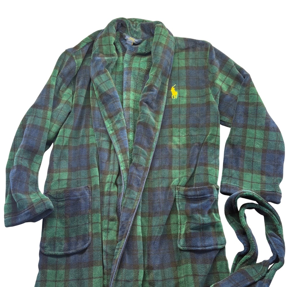 Polo Ralph Lauren Mens Blackwatch Plaid Fleece Robe‎ Green Blue L/XL Sleepwear